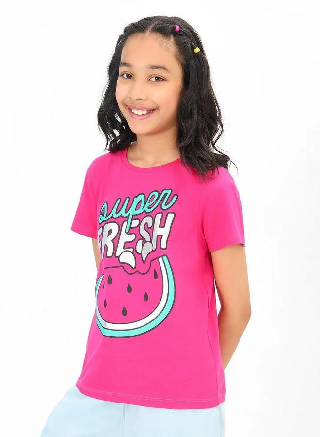 Bonkids Regular Fit Printed Dark And Pink Cotton T-Shirt For Girls Round Neck Flat Collar Pull On 100 % Cotton