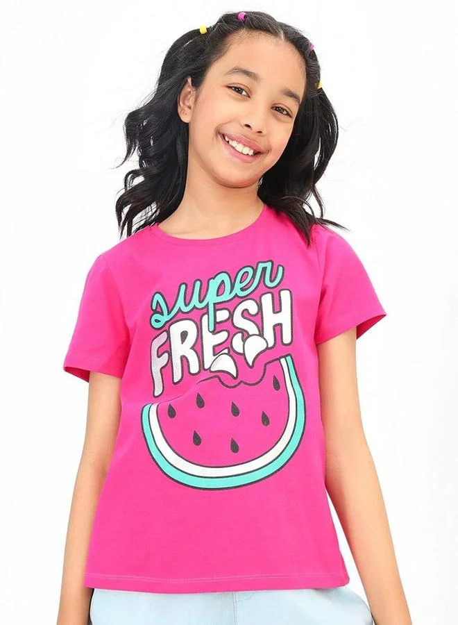 Bonkids Regular Fit Printed Dark And Pink Cotton T-Shirt For Girls Round Neck Flat Collar Pull On 100 % Cotton