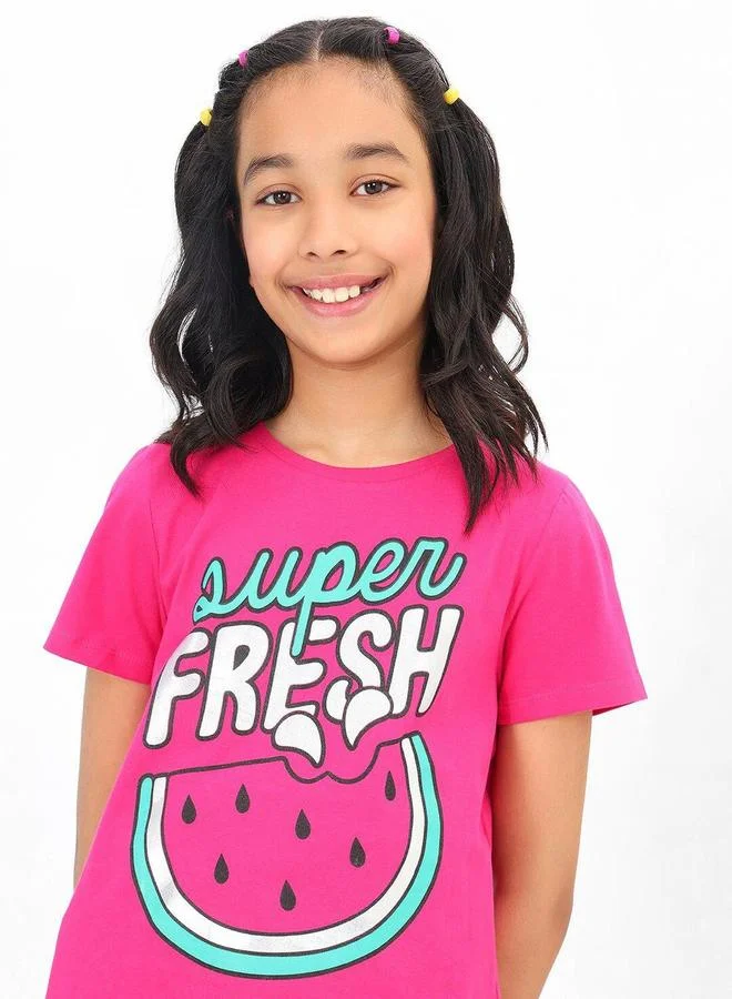 Bonkids Regular Fit Printed Dark And Pink Cotton T-Shirt For Girls Round Neck Flat Collar Pull On 100 % Cotton
