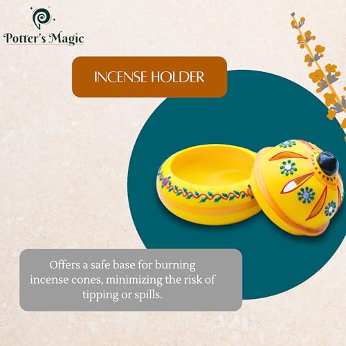 Potter's Magic Handcrafted Terracotta Incense Cone Holder | Decorative Sambrani & Dhoop Stand for Pooja Room, Meditation, Festive Decor | Eco-Friendly Clay Agarbatti Burner & Traditional Gift | Yellow - Image 3