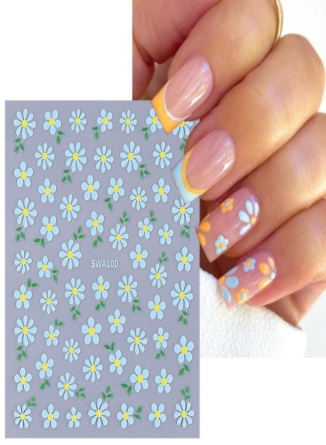 FDSQHSA 6 Sheets Flowers Nail Art Stickers 3D Self Adhesive Flower Nail Stickers for Nail Art Blue White Pink Daisy Nail Decals Summer Floral Nail Design Supplies for Women DIY Manicure Decor - Image 3