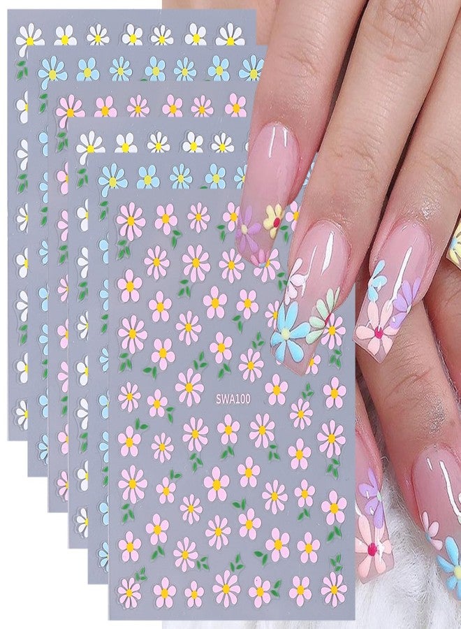 FDSQHSA 6 Sheets Flowers Nail Art Stickers 3D Self Adhesive Flower Nail Stickers for Nail Art Blue White Pink Daisy Nail Decals Summer Floral Nail Design Supplies for Women DIY Manicure Decor - Image 1