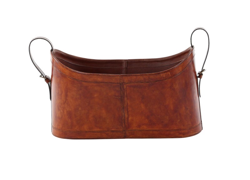 Deco 79 Leather Handmade Box Style Single Slot Magazine Holder with Detail Stitching and Curved Handles 21 x 9 x 12 Brown