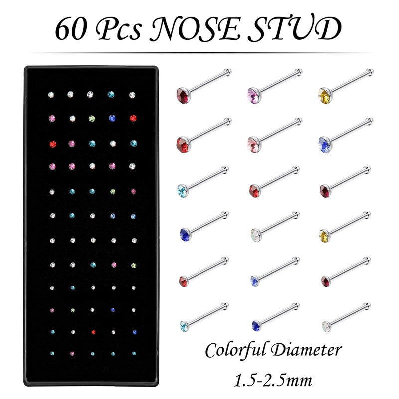 OMAIGAR Nose Rings Studs, Straight Shaped Surgical Stainless Steel Nose Studs Color Diamond Rhinestone Crystal,Hypoallergenic Nose Piercing Jewelry for Women Men and Ideal Gift - Image 2
