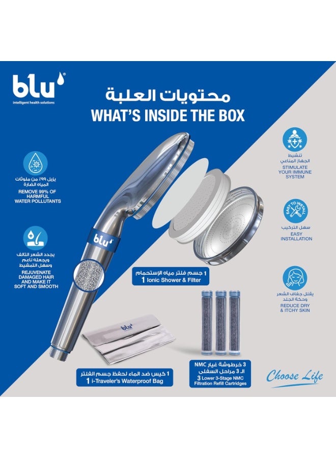 blu Ionic Shower Head and Shower Filter - Handheld - Removes Chlorine & Harmful Pollutants - Prevent Hair Loss & Moisturize Your Skin, Chrome - Image 2