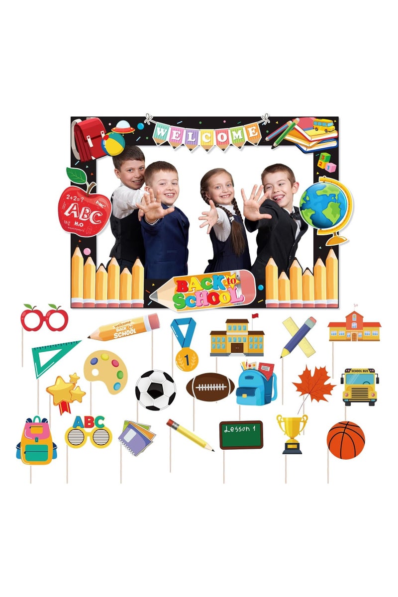 Generic Brand 25 Pcs Back to School Party Photo Booth Props Back to School Photo Booth Frame Welcome Photo Booth Props Pencil Theme Abc Photo Booth Frame Apple Blackboard Photo Prop Classroom Decorations - Image 1