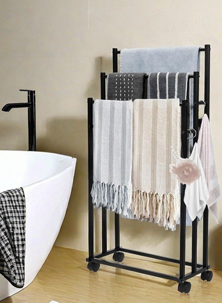 XiuWoo 3-Tier Large Capacity Freestanding Metal Moveable Towel Rack, Anti-rust Coating Metal Ladder Towel Holder, Drying Stand, Bathroom Bath Organizer Rack with 360° Wheel for Space Saving - Image 1