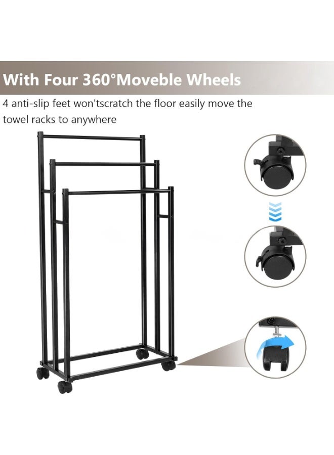 XiuWoo 3-Tier Large Capacity Freestanding Metal Moveable Towel Rack, Anti-rust Coating Metal Ladder Towel Holder, Drying Stand, Bathroom Bath Organizer Rack with 360° Wheel for Space Saving - Image 3
