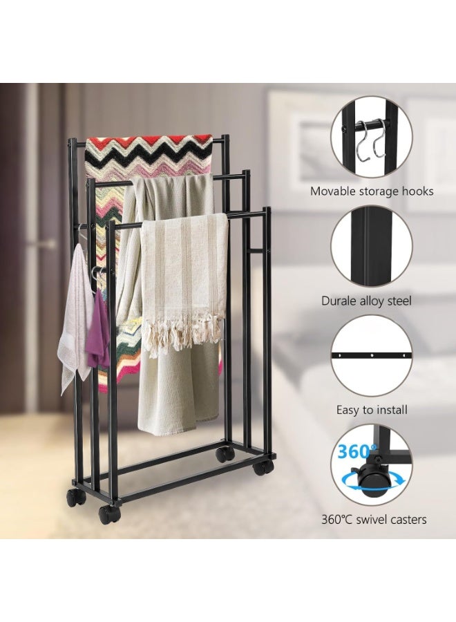 XiuWoo 3-Tier Large Capacity Freestanding Metal Moveable Towel Rack, Anti-rust Coating Metal Ladder Towel Holder, Drying Stand, Bathroom Bath Organizer Rack with 360° Wheel for Space Saving - Image 2