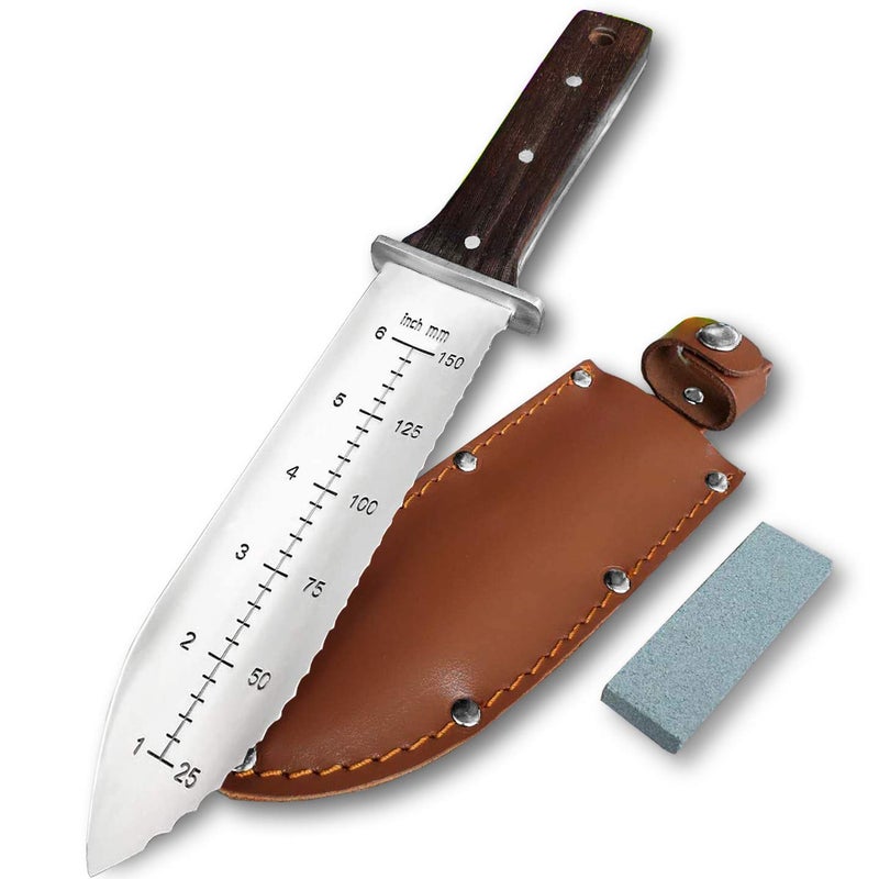 gonicc Professional Hori Hori Garden Knife with Leather Sheath, Protective Handguard, High polished 440 Stainless Steel Blade, Sharpening Stone Included, for Weeding, Digging, Pruning, and Cultivating - Image 1