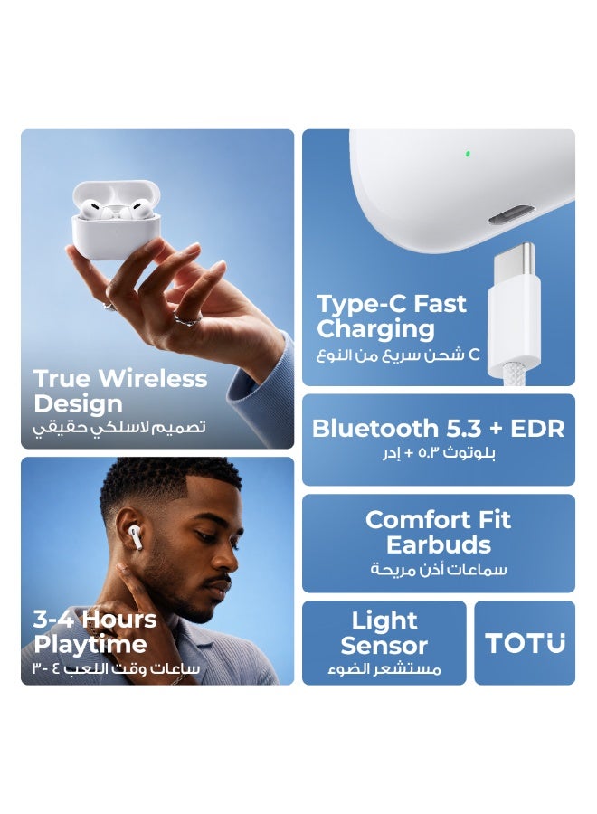 TOTU True Wireless Earbuds with Bluetooth 5.3, Type-C Fast Charging, 300mAh Case, White - Image 2