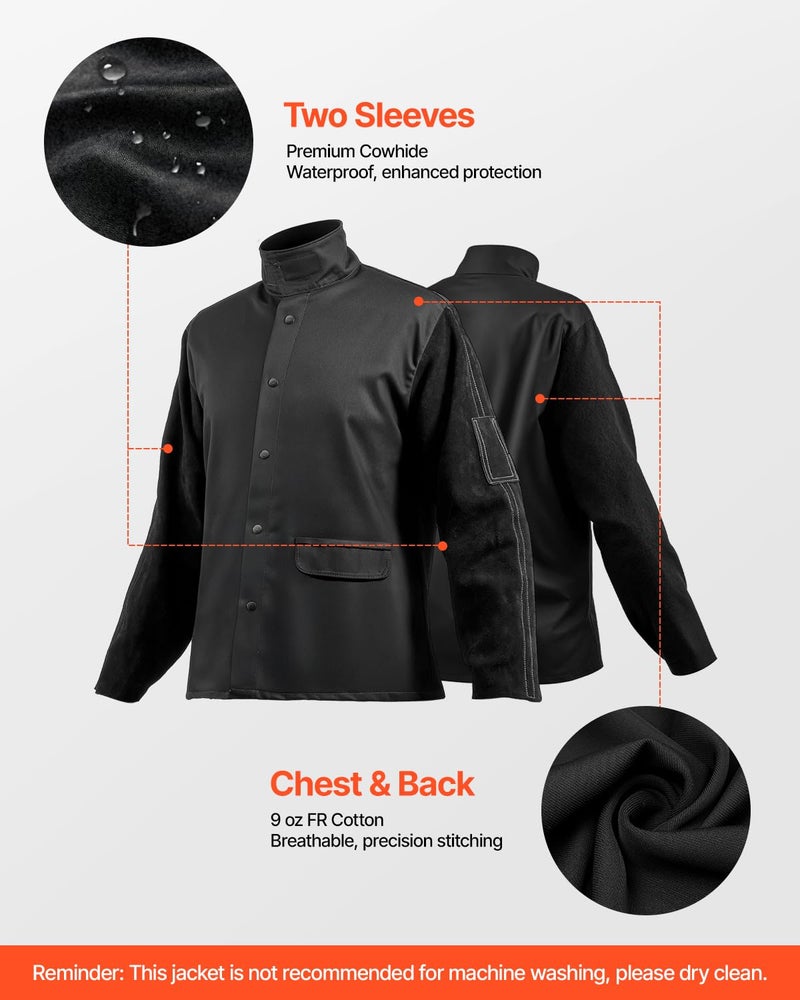 VEVOR Flame Resistant Welding Jacket, Heavy Duty Split Cowhide Leather Sleeves + 9 oz. FR Pure Cotton Body, Heat-Resistant Welding Safety Jacket for Welder Fitters - L Size - Image 4