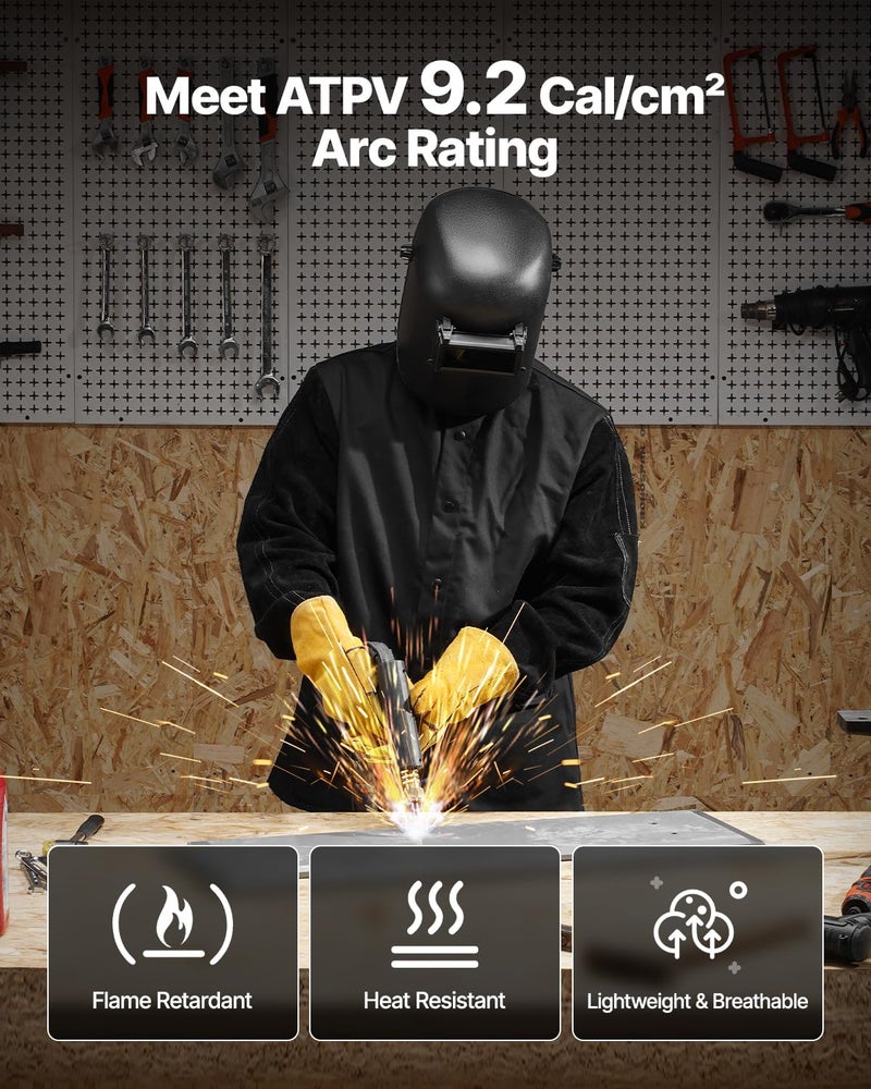 VEVOR Flame Resistant Welding Jacket, Heavy Duty Split Cowhide Leather Sleeves + 9 oz. FR Pure Cotton Body, Heat-Resistant Welding Safety Jacket for Welder Fitters - L Size - Image 3