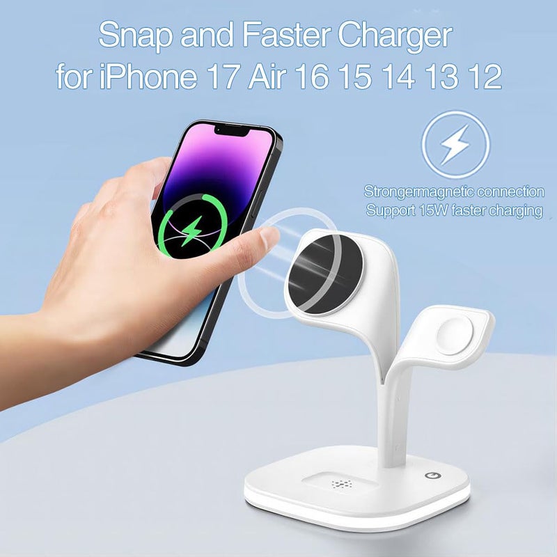 EXW for Magsafe Charger Stand,Charging Station for Multiple Devices,Wireless Charger for iPhone 17 Air 16 15 14 13 12 Series,Apple Watch Series 1-10/Ultra,AirPods Pro with LED and Adapter (White) - Image 2