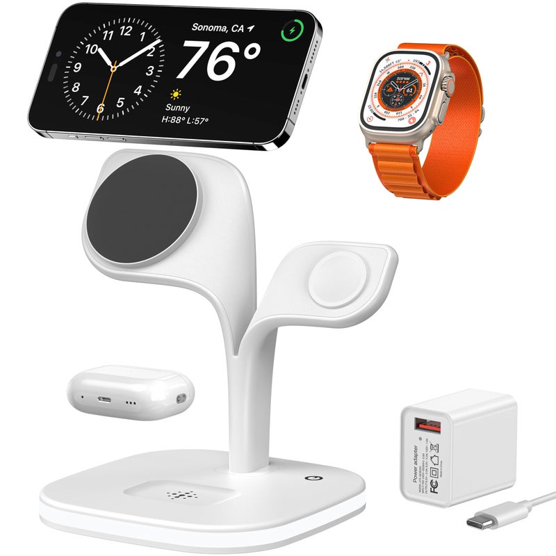 EXW for Magsafe Charger Stand,Charging Station for Multiple Devices,Wireless Charger for iPhone 17 Air 16 15 14 13 12 Series,Apple Watch Series 1-10/Ultra,AirPods Pro with LED and Adapter (White) - Image 1
