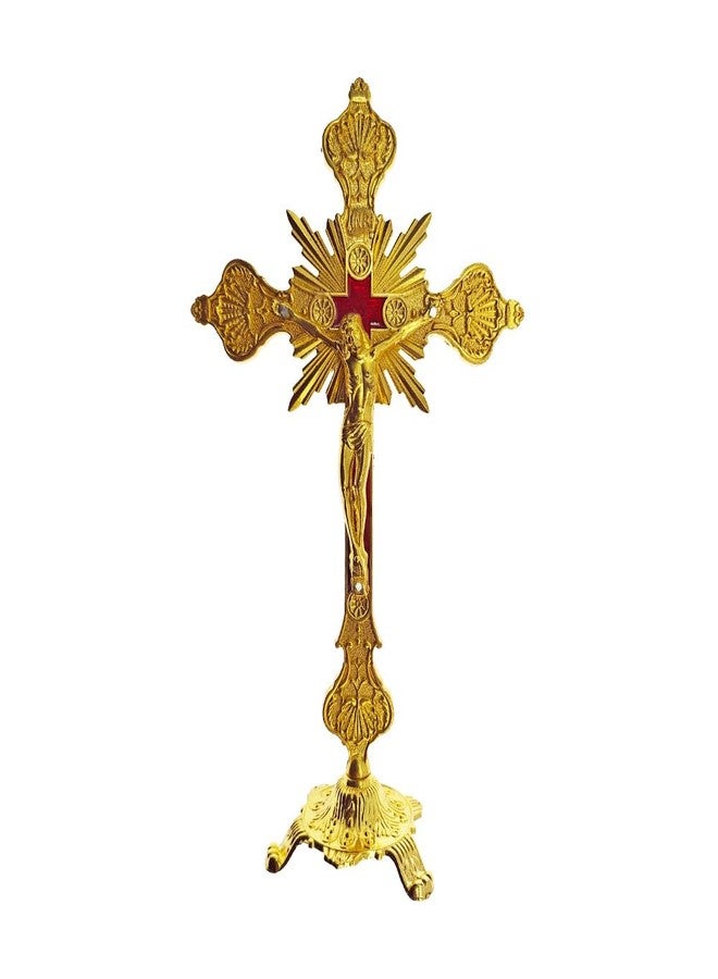 DELLMAO MTYIQS Standing Cross Decor Crucifix with Base 10" Tabletop Metal Jesus Christ Catholic Wood Crafted Antique Gold Cross for Table Home Chapel Decoration Religious Gifts - Image 1