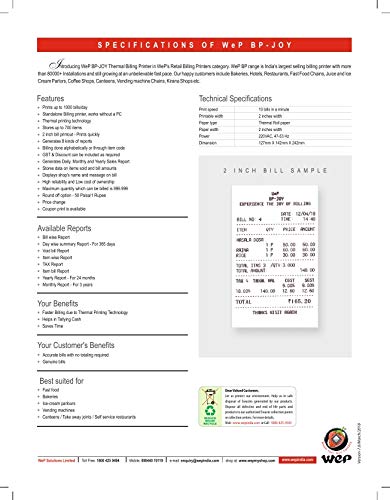 Wep India BP JOY Billing Printer, 2-inch, 700 Item Capacity (White) - Image 5