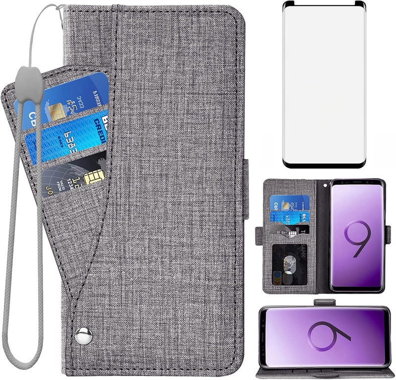 Asuwish Compatible with Samsung Galaxy S9 Wallet Case Tempered Glass Screen Protector and Leather Flip Cover Card Holder Stand Cell Accessories Phone Cases for Glaxay S 9 Edge 9S GS9 Women Men Gray - Image 1