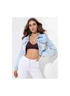 Loquat Squality Leisure Tassels Denim Short Jacket Women Light Blue  - Image 1