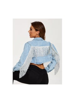 Loquat Squality Leisure Tassels Denim Short Jacket Women Light Blue  - Image 2