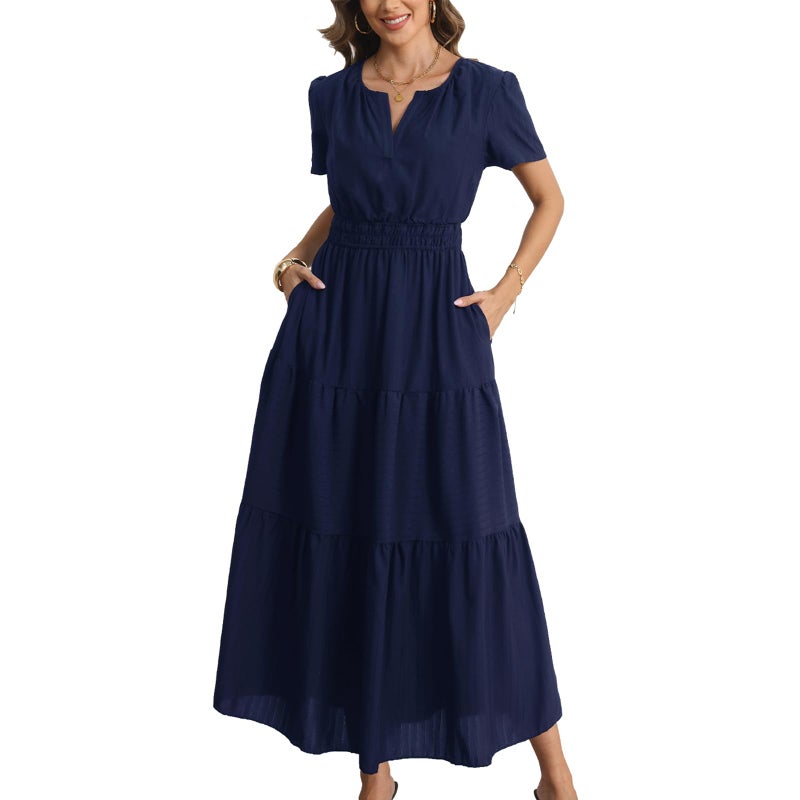 Rainday Womens Casual Maxi Dresses Fashion Holiday Short Sleeved Elastic Waist Beach Boho Dress with Pockets(Z3918SBU,L) - Image 1