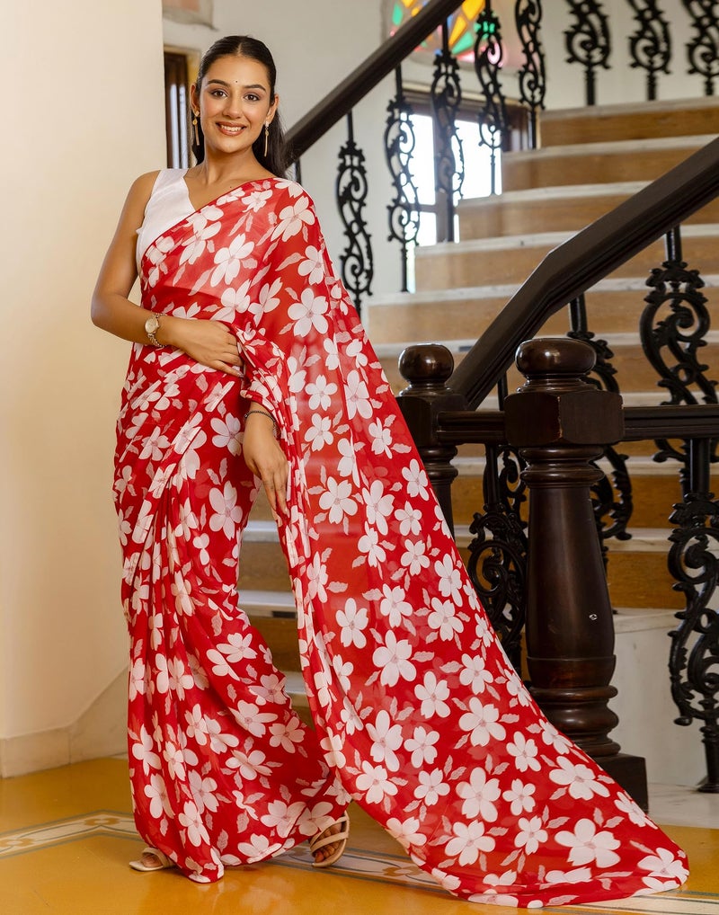 SIRIL Women's Georgette Printed Ready to Wear One Minute Saree Saree with Unstitched Blouse Piece (66RS112_Red) - Image 3