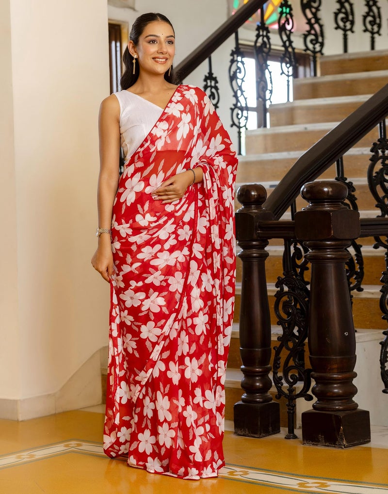 SIRIL Women's Georgette Printed Ready to Wear One Minute Saree Saree with Unstitched Blouse Piece (66RS112_Red) - Image 2