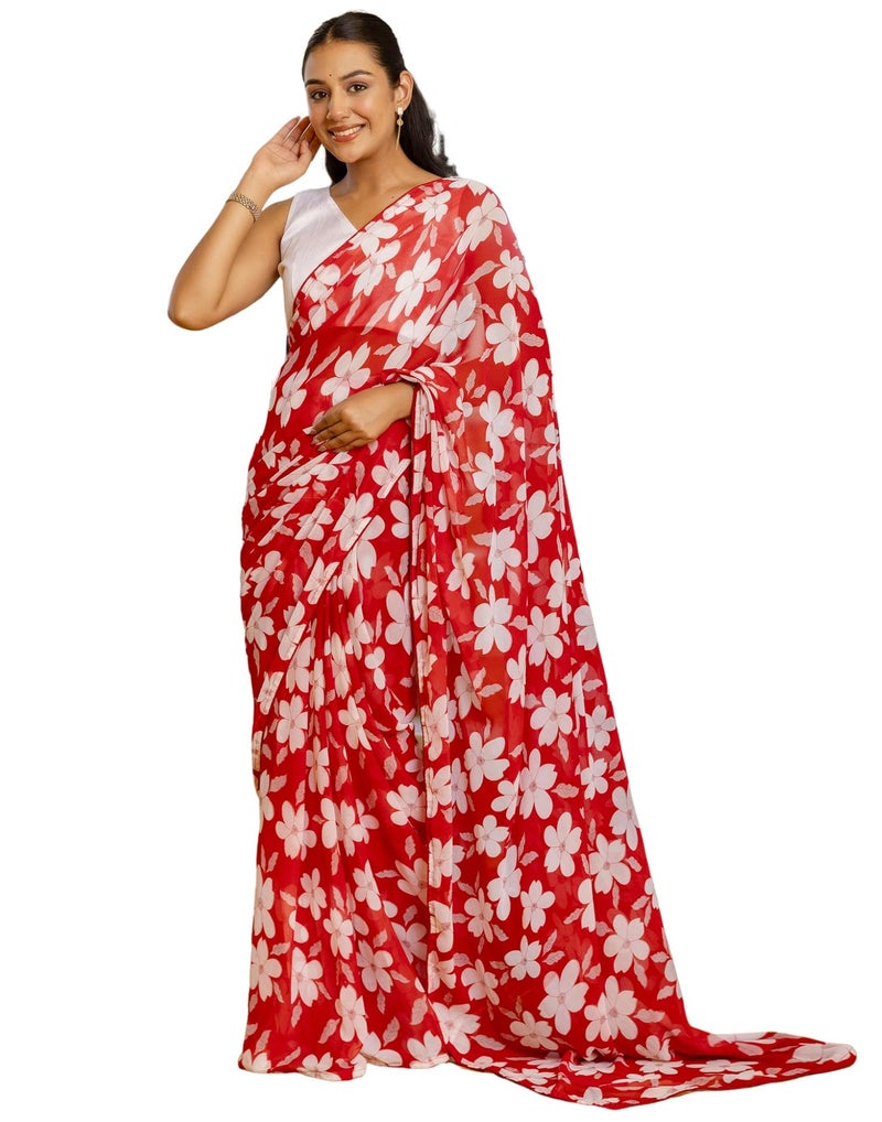 SIRIL Women's Georgette Printed Ready to Wear One Minute Saree Saree with Unstitched Blouse Piece (66RS112_Red) - Image 1