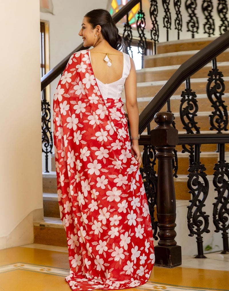 SIRIL Women's Georgette Printed Ready to Wear One Minute Saree Saree with Unstitched Blouse Piece (66RS112_Red) - Image 4