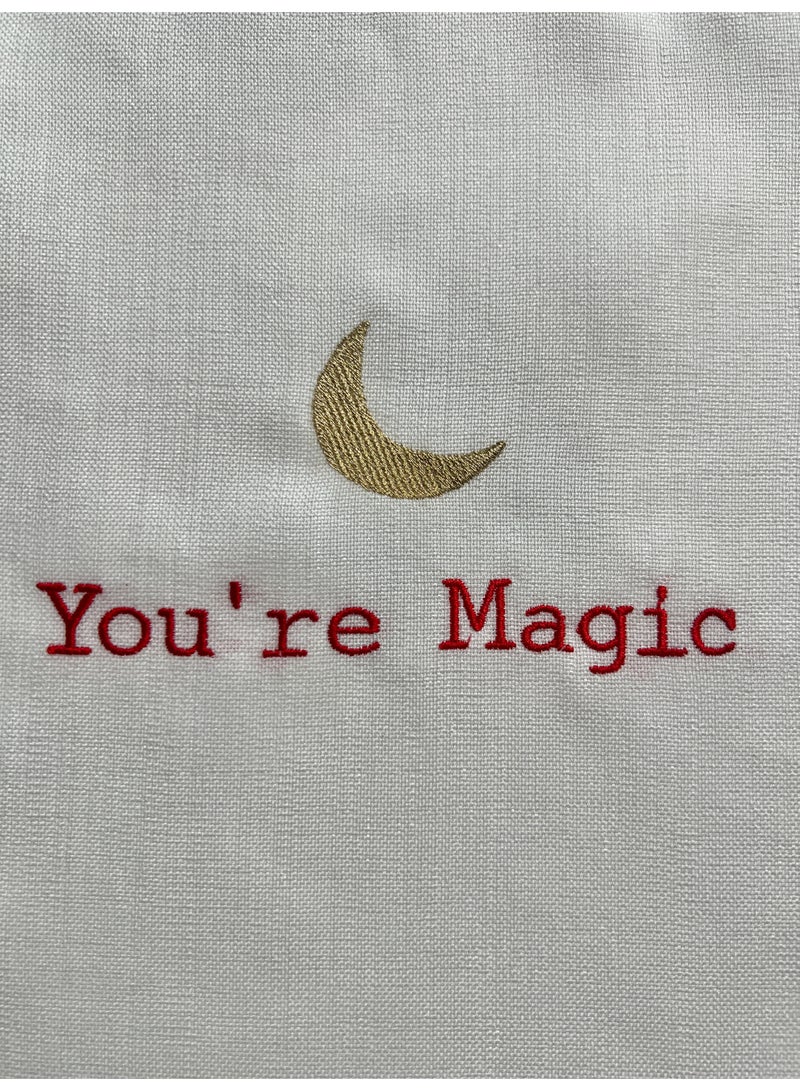 Baci milano Round Embroidered Tablemat "You're Magic" – 38 cm Linen-Feel Decorative Placemat with Moon & Text – Washable, Reusable, For Dining or Coffee Table - Image 3