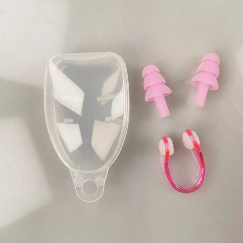 Silicone Swimming Ear Plugs Set with Nose Clip, Waterproof Ear Plugs for Kids Adults and Nose Clip for Swimming, Shower, Training and Other Water Sports with Storage Box (Pink)