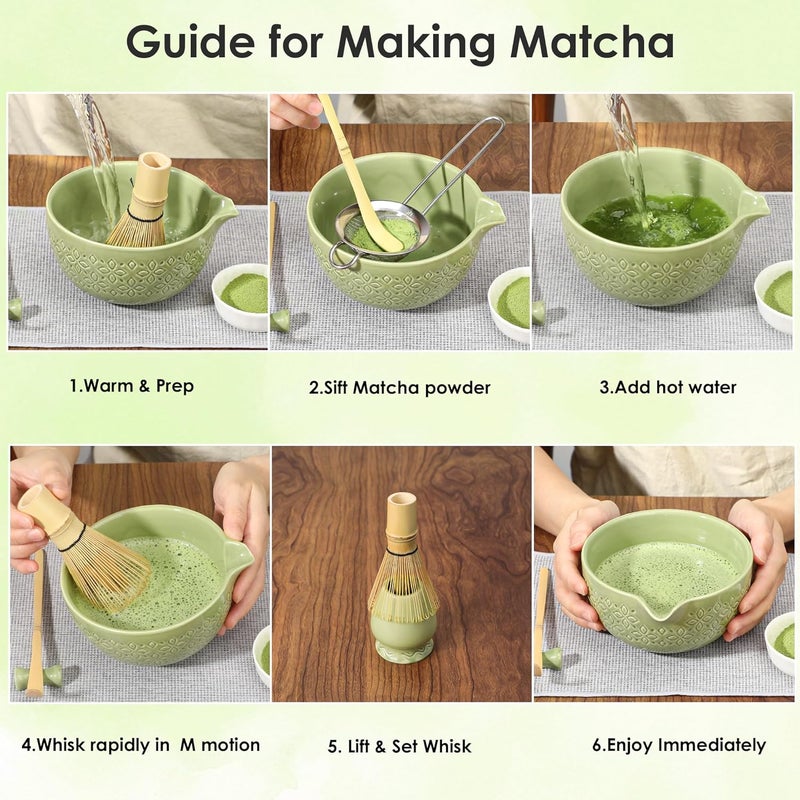Beiyunee Matcha Whisk Set Matcha Kit - 7 Pcs Japanese Tea Set Includes Matcha Bowl with Spout,Bamboo Whisk with Ceramic Holder,Bamboo Scoop and Rest,Sifter,Tea Towel, for Ceremony Matcha Lovers Gift,Green - Image 5