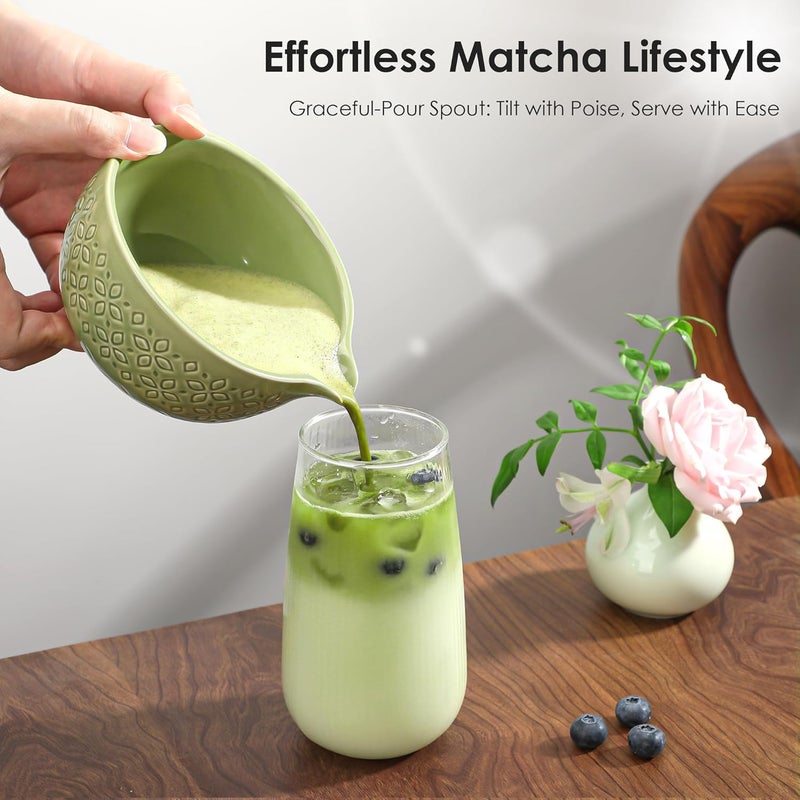 Beiyunee Matcha Whisk Set Matcha Kit - 7 Pcs Japanese Tea Set Includes Matcha Bowl with Spout,Bamboo Whisk with Ceramic Holder,Bamboo Scoop and Rest,Sifter,Tea Towel, for Ceremony Matcha Lovers Gift,Green - Image 2