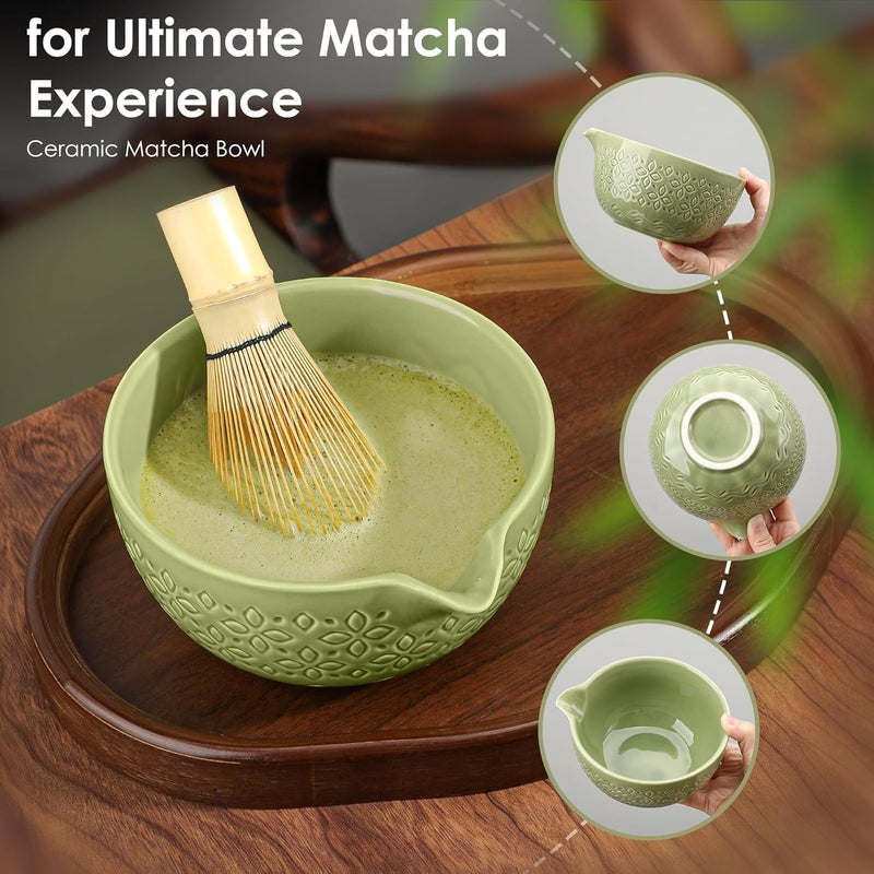 Beiyunee Matcha Whisk Set Matcha Kit - 7 Pcs Japanese Tea Set Includes Matcha Bowl with Spout,Bamboo Whisk with Ceramic Holder,Bamboo Scoop and Rest,Sifter,Tea Towel, for Ceremony Matcha Lovers Gift,Green - Image 3