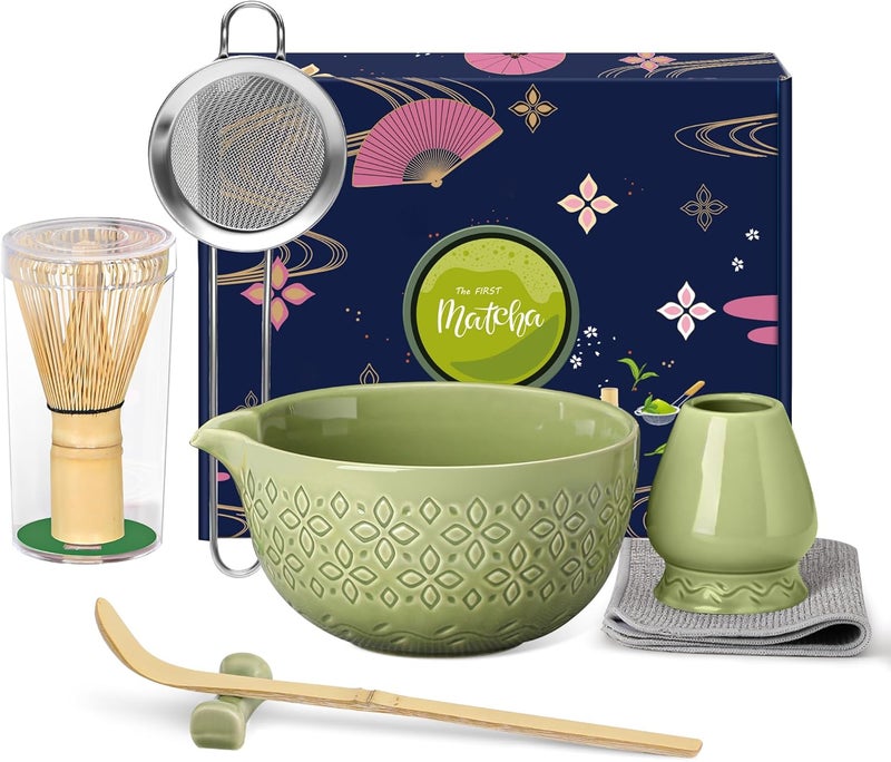 Beiyunee Matcha Whisk Set Matcha Kit - 7 Pcs Japanese Tea Set Includes Matcha Bowl with Spout,Bamboo Whisk with Ceramic Holder,Bamboo Scoop and Rest,Sifter,Tea Towel, for Ceremony Matcha Lovers Gift,Green - Image 1