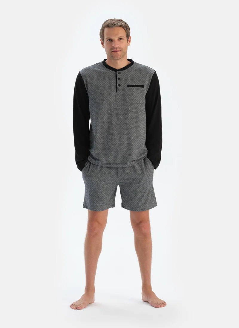 dagi Micro Print T-shirt & Trousers & Shorts Pajama Set Crew Neck Supreme Mid Rise Sleepwear