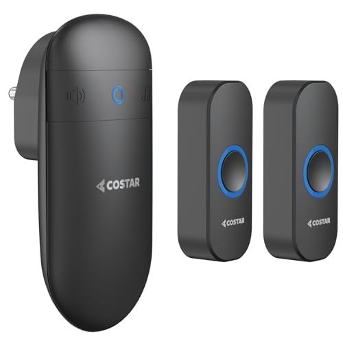 COSTAR Wireless Door Bell Kits Chime for Home Office with LED Light 300 Meter 1000 Feet Operating Range 32 Ringtones 5 Levels Volume, 1 Receiver and 2 Push Button IP44 Waterproof (Pebble T312-Black) - Image 1
