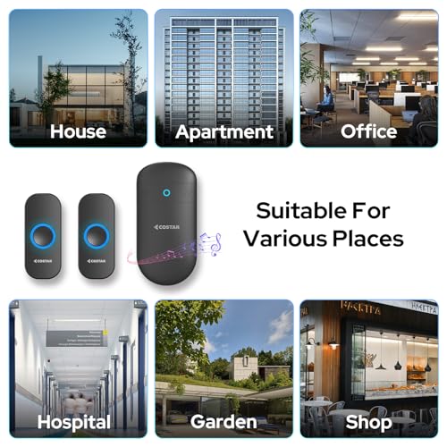 COSTAR Wireless Door Bell Kits Chime for Home Office with LED Light 300 Meter 1000 Feet Operating Range 32 Ringtones 5 Levels Volume, 1 Receiver and 2 Push Button IP44 Waterproof (Pebble T312-Black) - Image 5