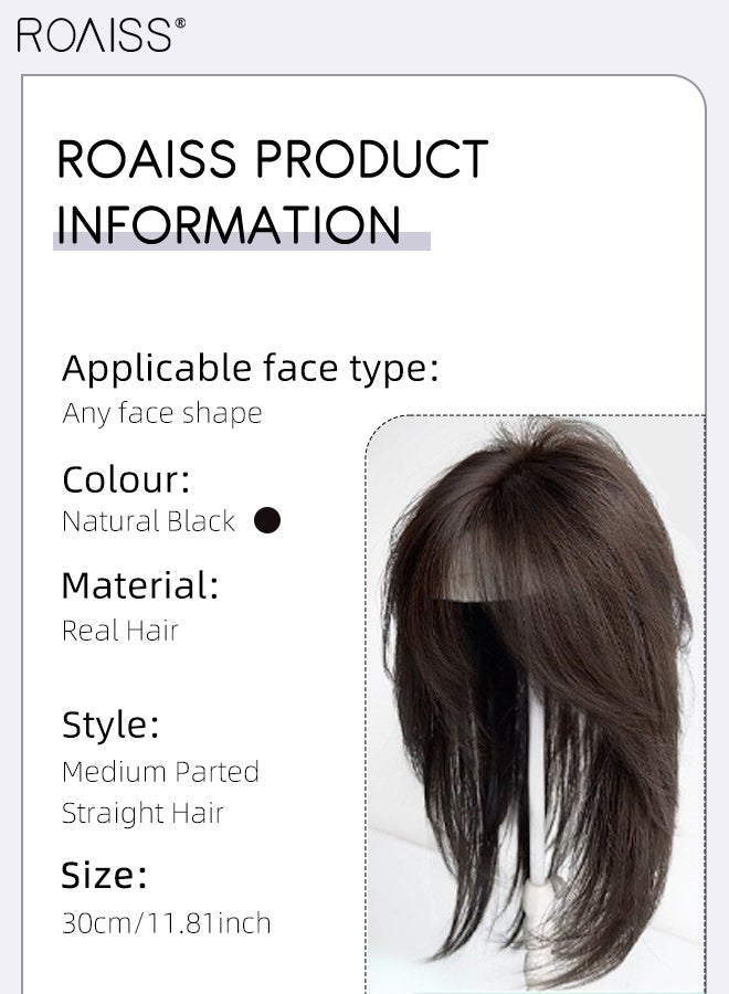 roaiss Women's Medium Parted Straight Hair, Elegant Middle-parted Bangs, Fluffy Voluminous Thin  Breathable Hairpiece, Suitable for Women with Sparse Hair Loss, Covering Grey Hair Increasing Hair Volume, Natural Black, 30cm - Image 4