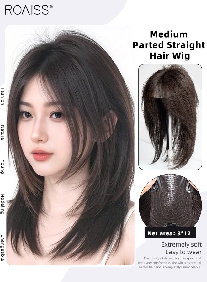 roaiss Women's Medium Parted Straight Hair, Elegant Middle-parted Bangs, Fluffy Voluminous Thin  Breathable Hairpiece, Suitable for Women with Sparse Hair Loss, Covering Grey Hair Increasing Hair Volume, Natural Black, 30cm - Image 1