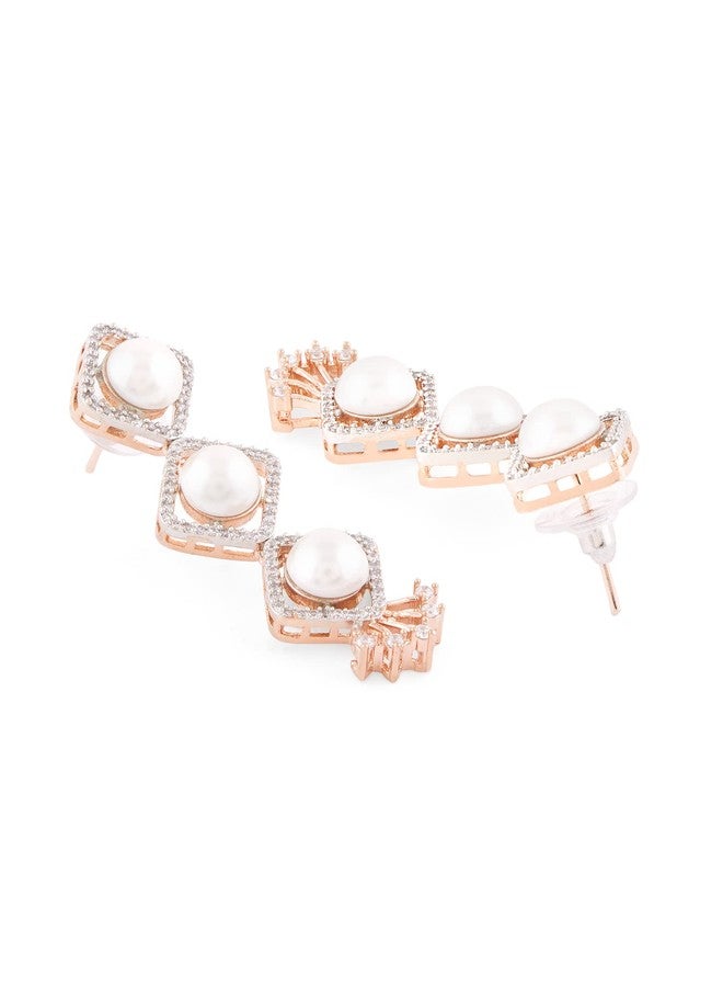 Ami Rose Gold Dazzling Cubic Zirconia & Pearls Classy Contemporary Necklace & Earring Set For Women-ZPFK20110 - Image 4