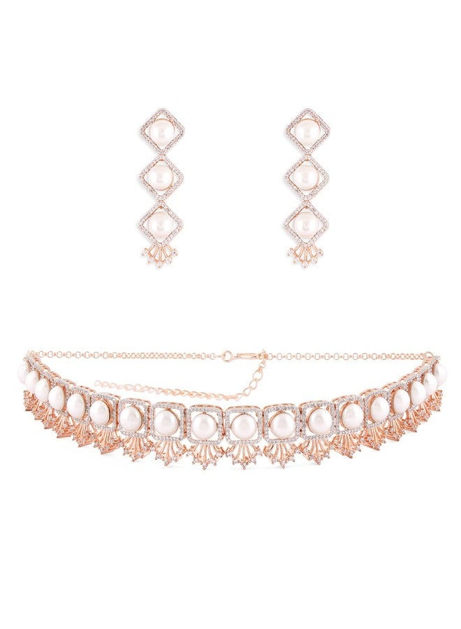 Ami Rose Gold Dazzling Cubic Zirconia & Pearls Classy Contemporary Necklace & Earring Set For Women-ZPFK20110 - Image 1