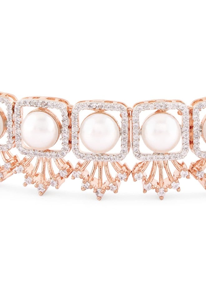 Ami Rose Gold Dazzling Cubic Zirconia & Pearls Classy Contemporary Necklace & Earring Set For Women-ZPFK20110 - Image 5