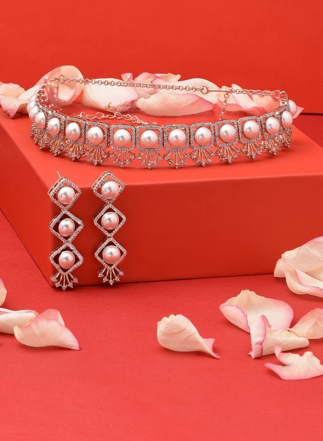 Ami Rose Gold Dazzling Cubic Zirconia & Pearls Classy Contemporary Necklace & Earring Set For Women-ZPFK20110 - Image 3