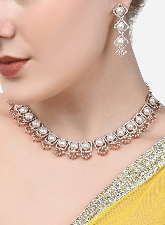 Ami Rose Gold Dazzling Cubic Zirconia & Pearls Classy Contemporary Necklace & Earring Set For Women-ZPFK20110 - Image 2