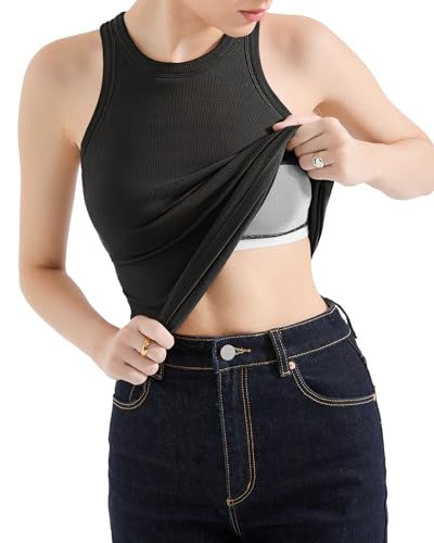 SUUKSESS Women Padded Cotton Ribbed Tank Tops 2025 Sleeveless High Neck Racerback Basic Tops(Black, M) - Image 4