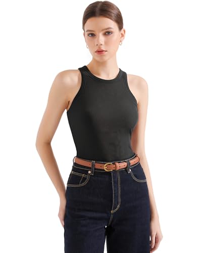 SUUKSESS Women Padded Cotton Ribbed Tank Tops 2025 Sleeveless High Neck Racerback Basic Tops(Black, M) - Image 3