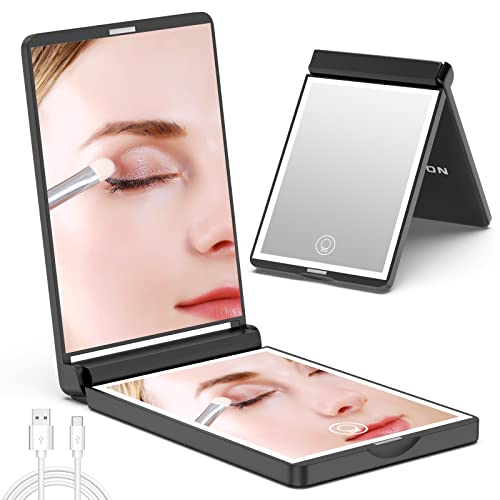 WOBSION Lighted Compact Mirror, Rechargeable Travel Makeup Mirror with Light,1x/3x Magnifying,Folding Portable Mirror,Dimmable,Gifts for Girls,Black - Image 1