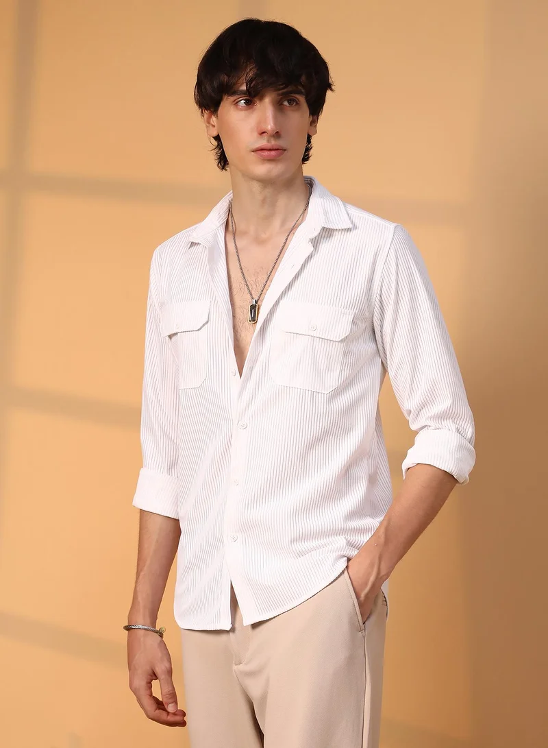 Campus Sutra Men's Chalk White Ribbed Utility Shirt