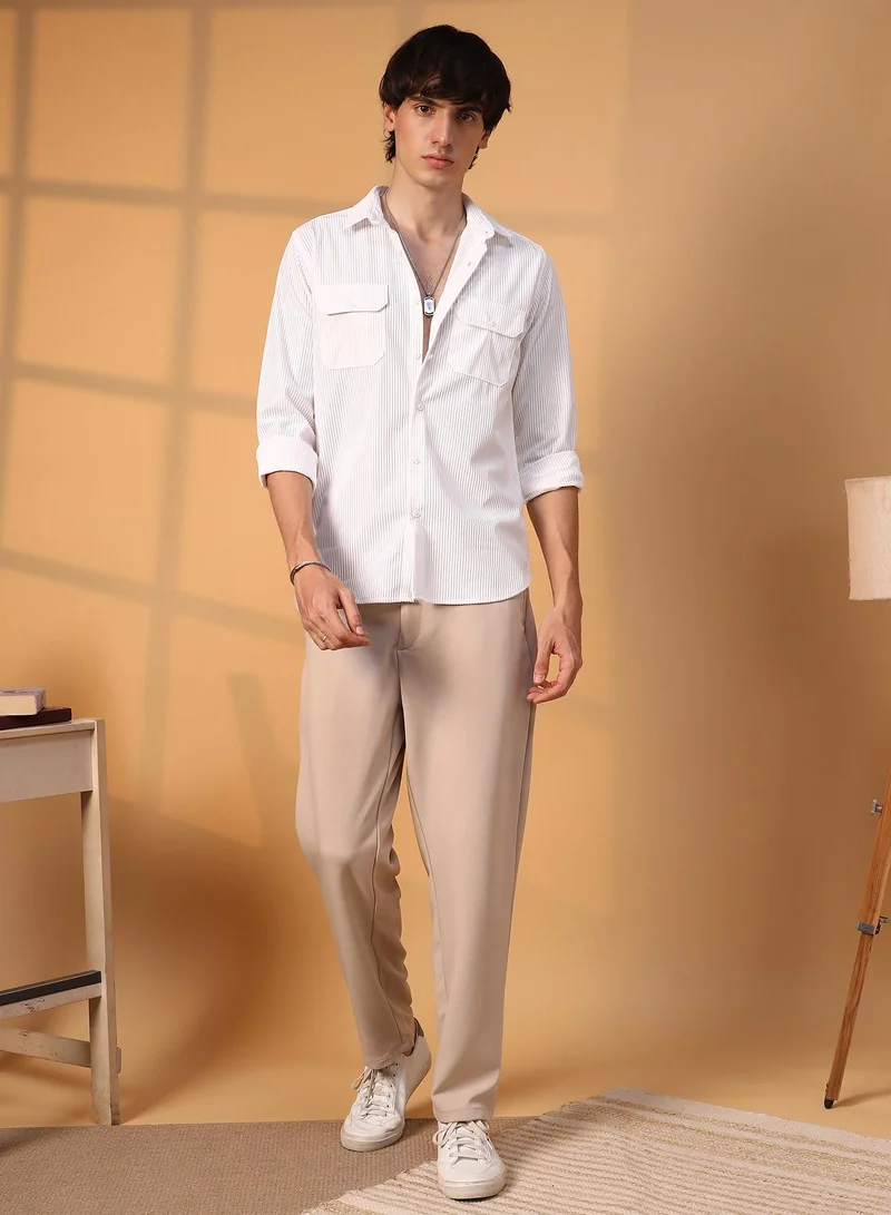 Campus Sutra Men's Chalk White Ribbed Utility Shirt
